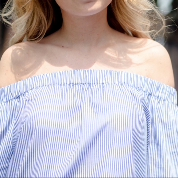 Zara Blue White Stripe Off Shoulder Top - Picture 3 of 7